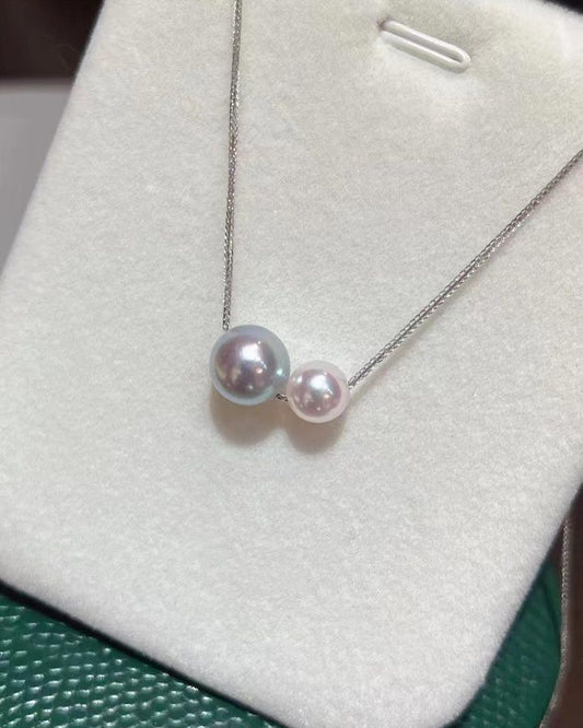 Silvery Blue & Pink Akoya Pearls Necklaces